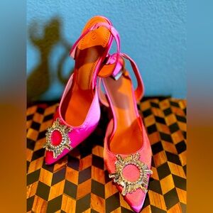 Women's High Heel Crystal Slingback Pumps Pointed Toe Strappy Triangle Heeled